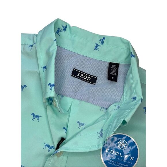 NWT IZOD Performance Cool mint green button down shirt with dog motif - M - Picture 2 of 6